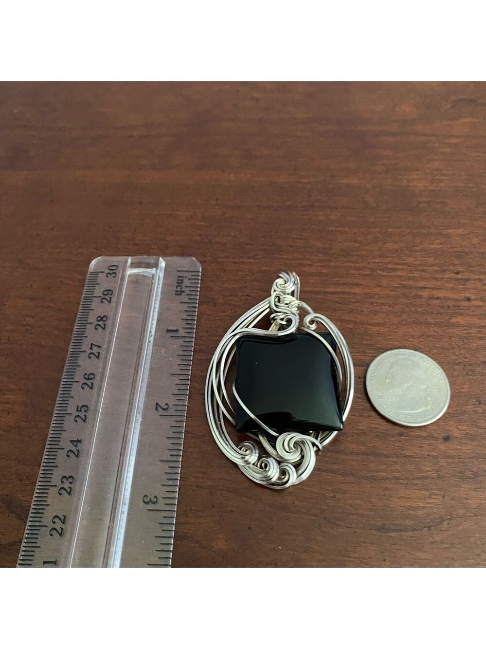 Onyx Pendant Handmade Twisted Silver Wire Wrap Artisan Statement - Picture 7 of 7